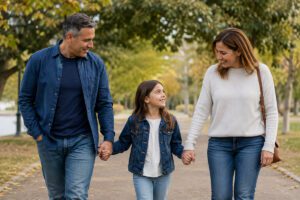 Divorcing parents walking together with their child while focusing on a positive co-parenting relationship