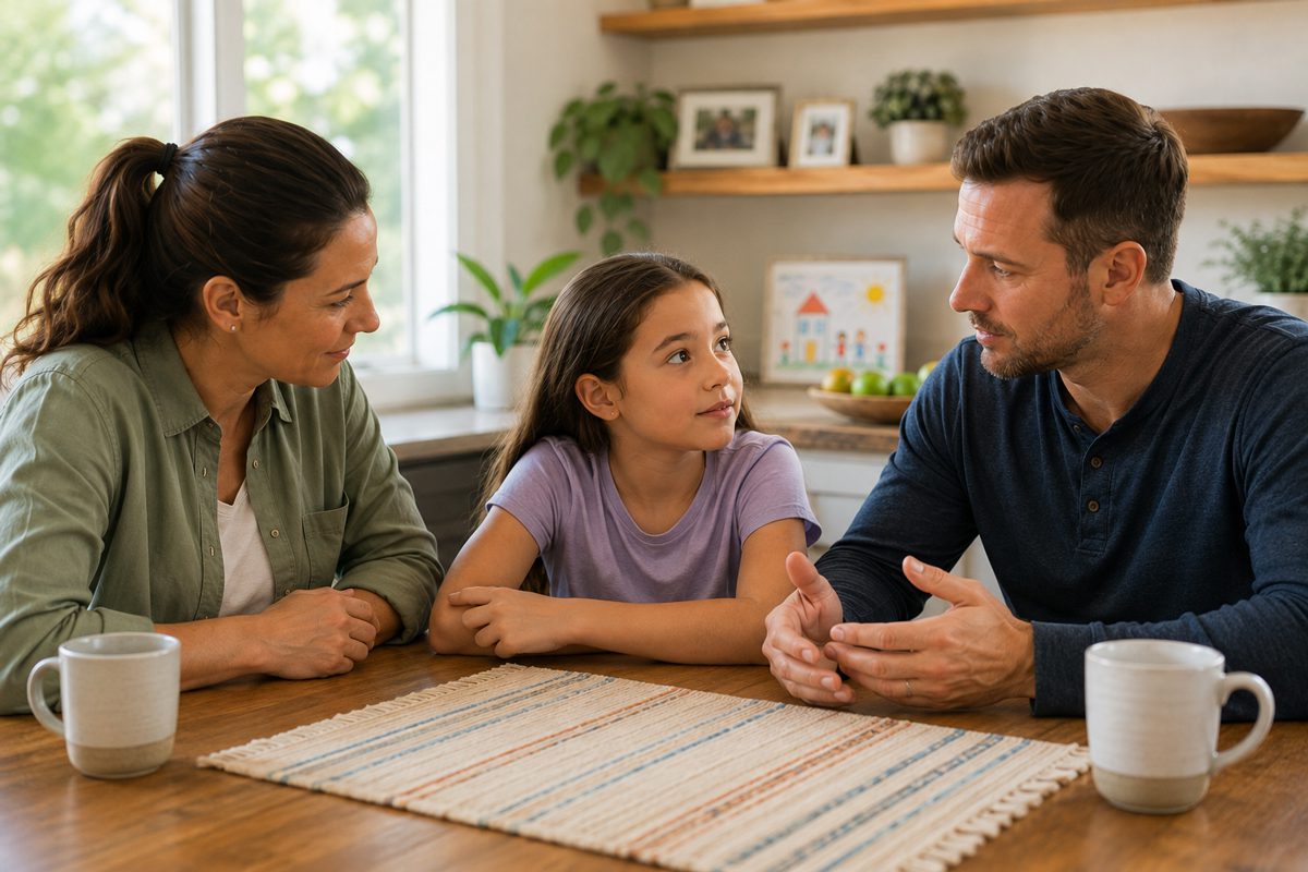 Parents calmly talking with their child about divorce in a supportive home environment