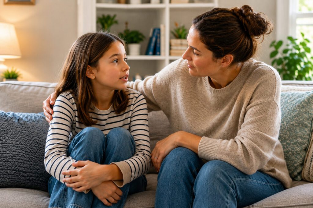 Parent listening and comforting a child after discussing divorce